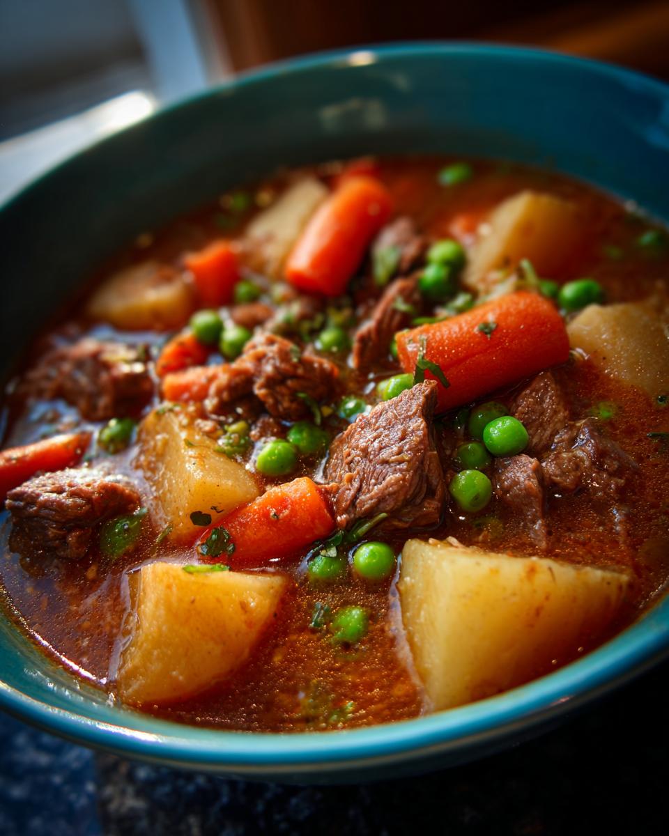 A close-up of a bowl of rich beef stew, featuring tender beef chunks, potatoes, carrots, and peas in a savory broth.