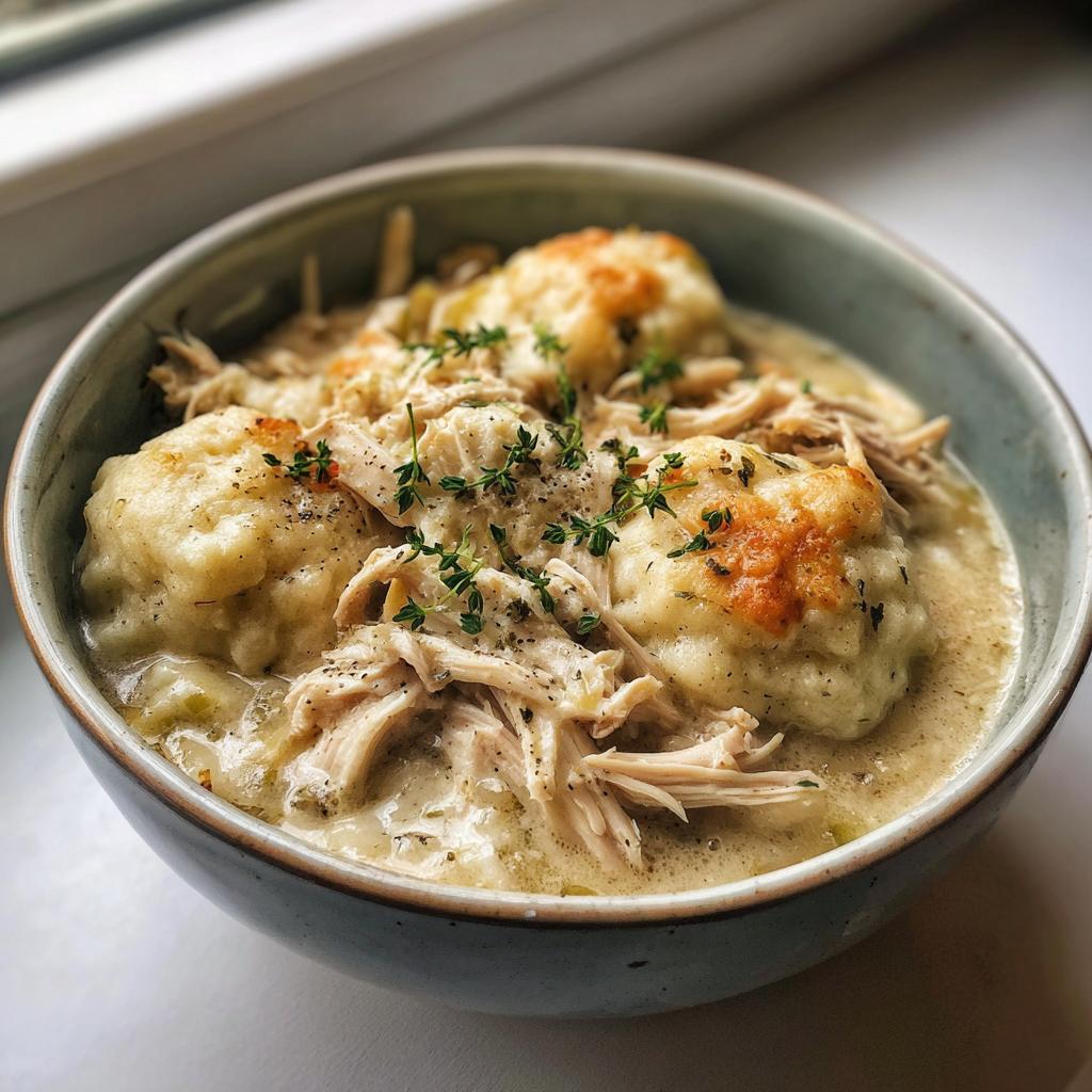 A close-up of a bowl of slow cooker chicken and dumplings, featuring shredded chicken, fluffy dumplings, and a creamy broth, garnished with fresh thyme.
