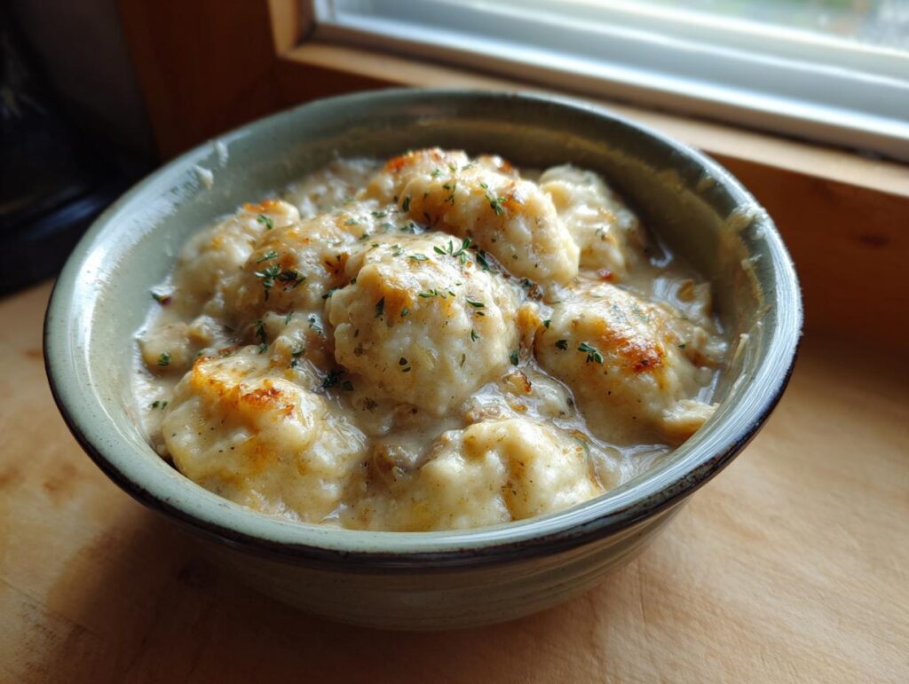 A bowl of creamy chicken and dumplings, topped with fresh herbs, perfect for slow cooker recipes.