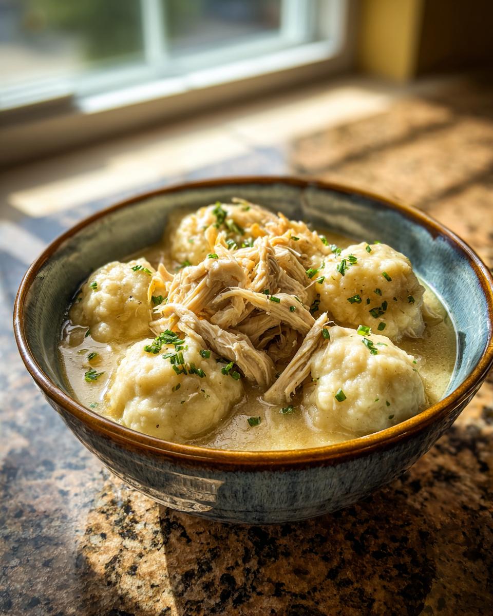 A bowl of warm, comforting slow cooker chicken and dumplings topped with fresh parsley.