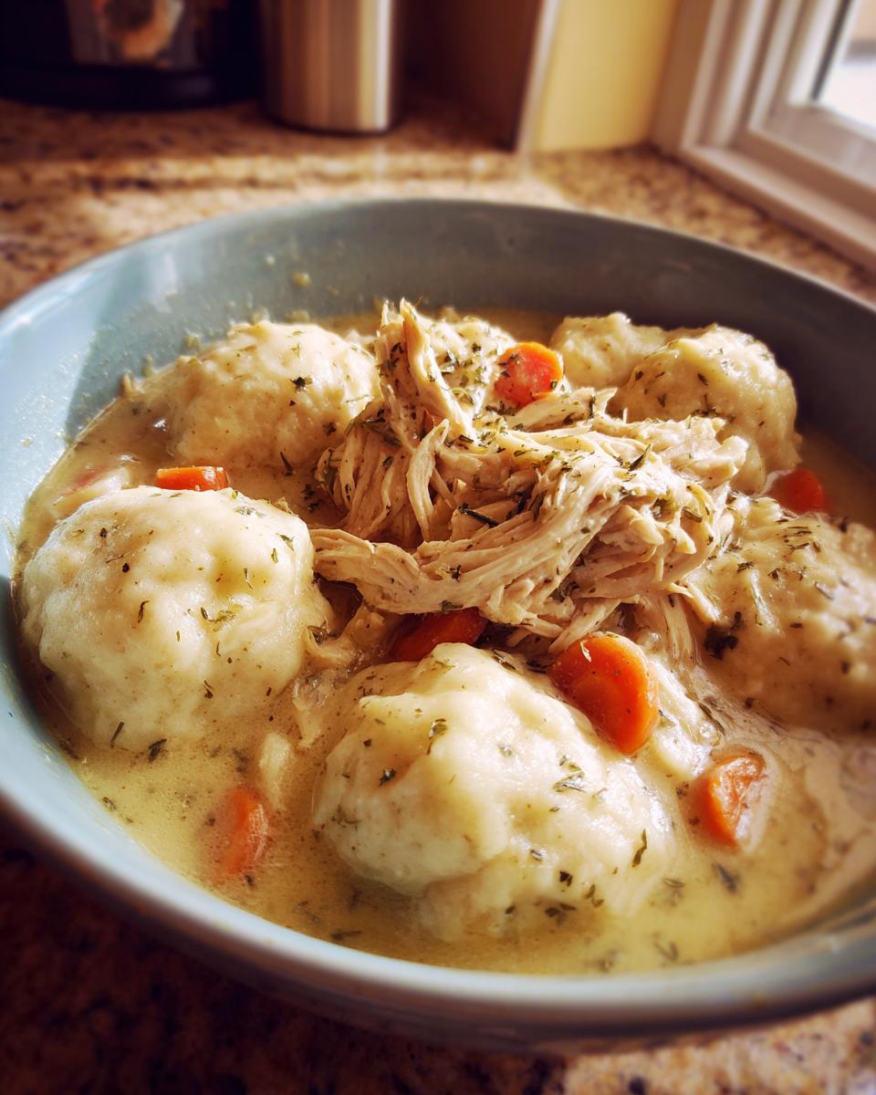A close-up of a bowl of slow cooker chicken and dumplings, featuring fluffy dumplings, shredded chicken, and carrots in a creamy broth.