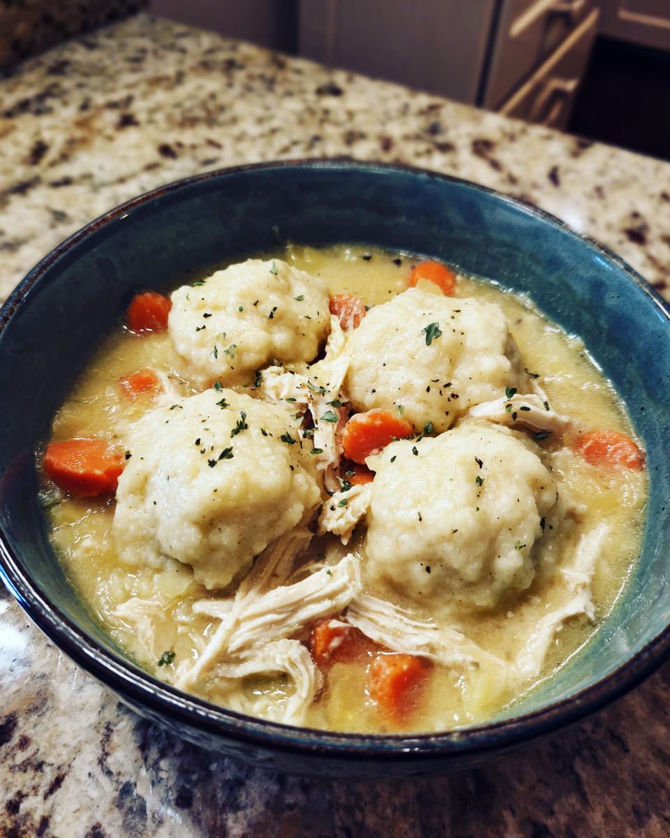 A bowl of hearty slow cooker chicken and dumplings with carrots and herbs.