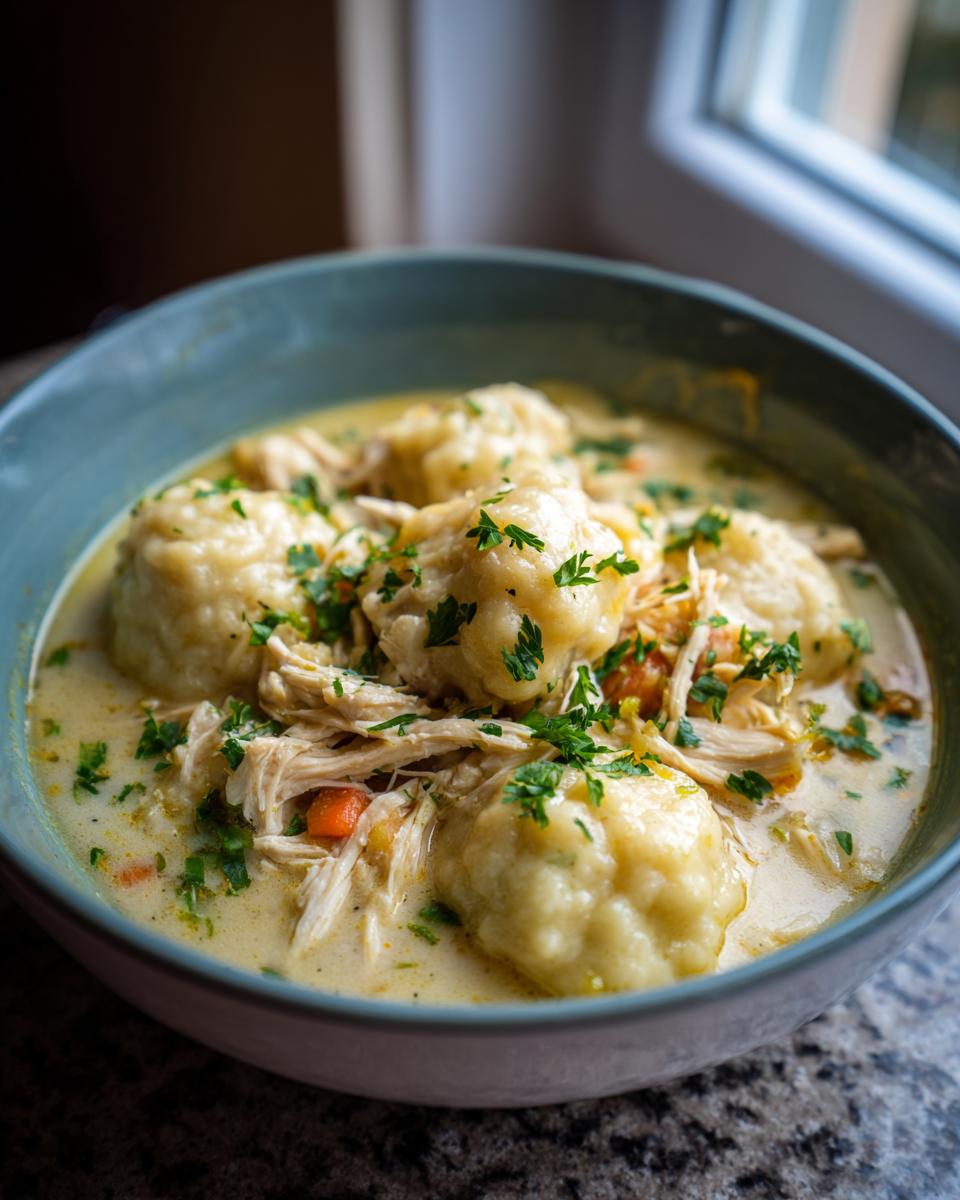 A bowl of creamy chicken and dumplings, garnished with parsley. A perfect example of slow cooker recipes that keep chicken and dumplings cozy.
