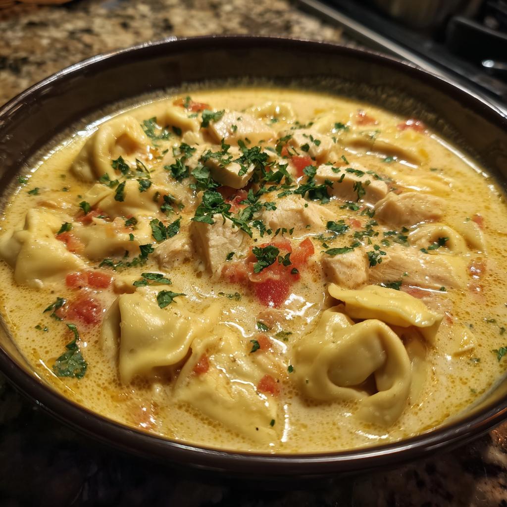 A close-up of a bowl of creamy tortellini soup with chicken and diced tomatoes, garnished with fresh parsley.