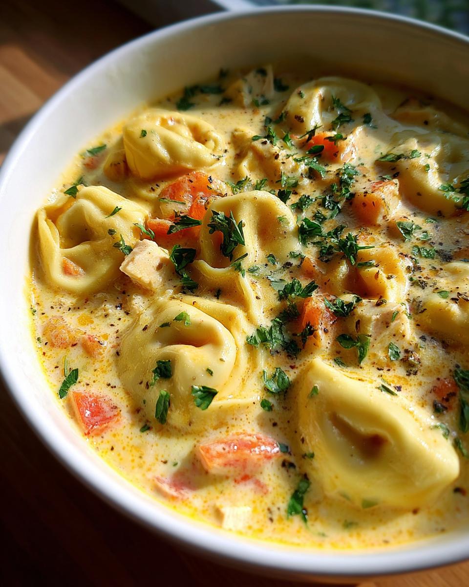 A bowl of creamy tortellini soup with chunks of tomato and chicken, garnished with fresh parsley.