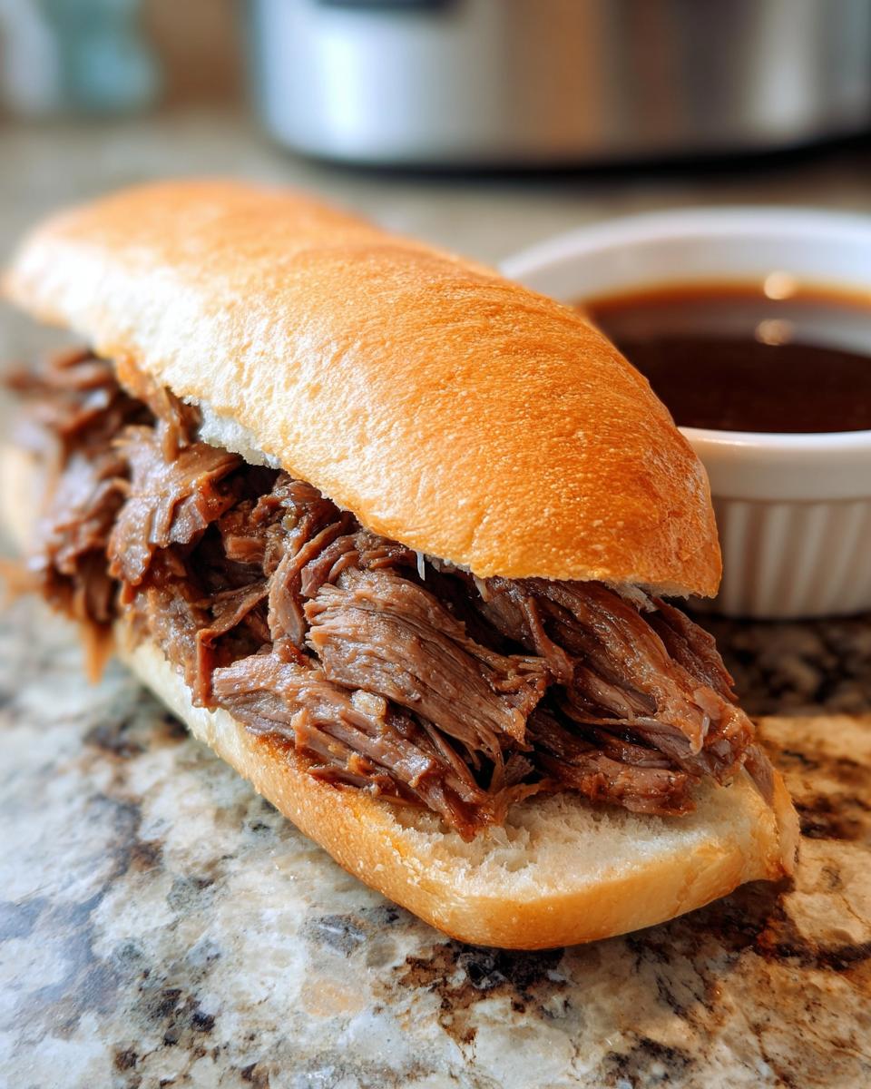 A delicious slow cooker French dip sandwich piled high with shredded beef on a toasted bun, with a side of au jus.