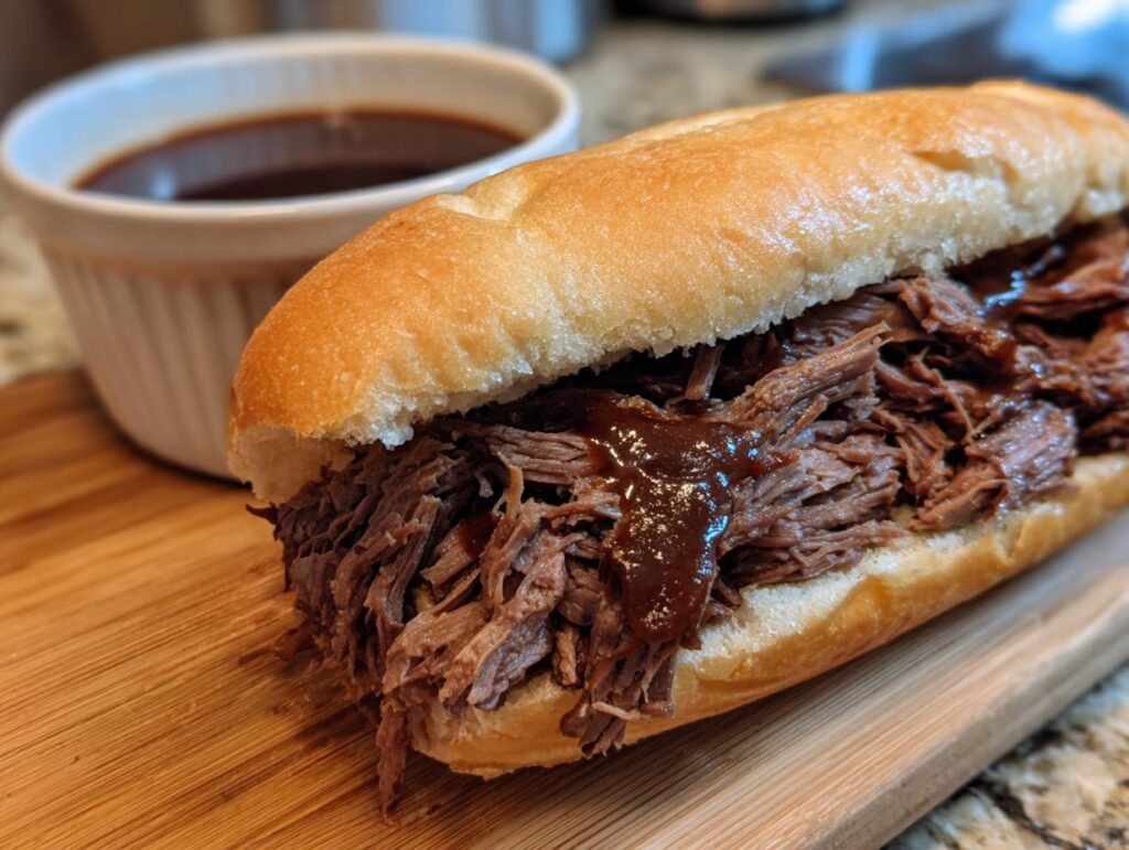 A delicious slow cooker French dip sandwich overflowing with tender shredded beef on a bun, with a side of au jus.