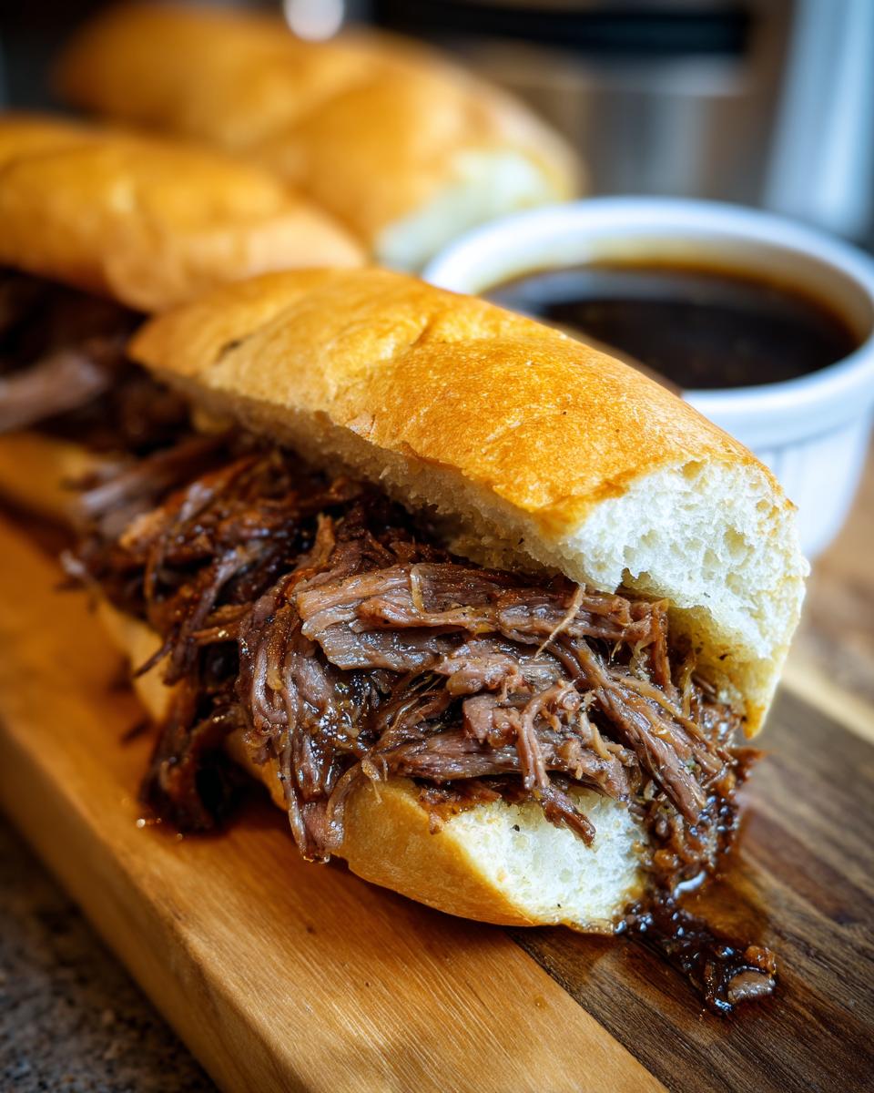 A close-up of a delicious French dip sandwich made with slow cooker beef on a toasted bun, with a side of au jus.