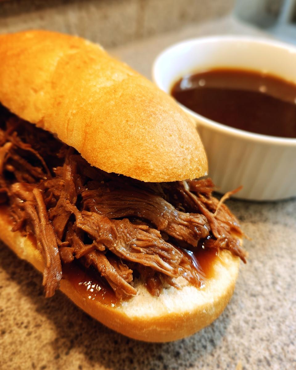 A close-up of a delicious French Dip sandwich made with slow cooker beef, served with a side of au jus.