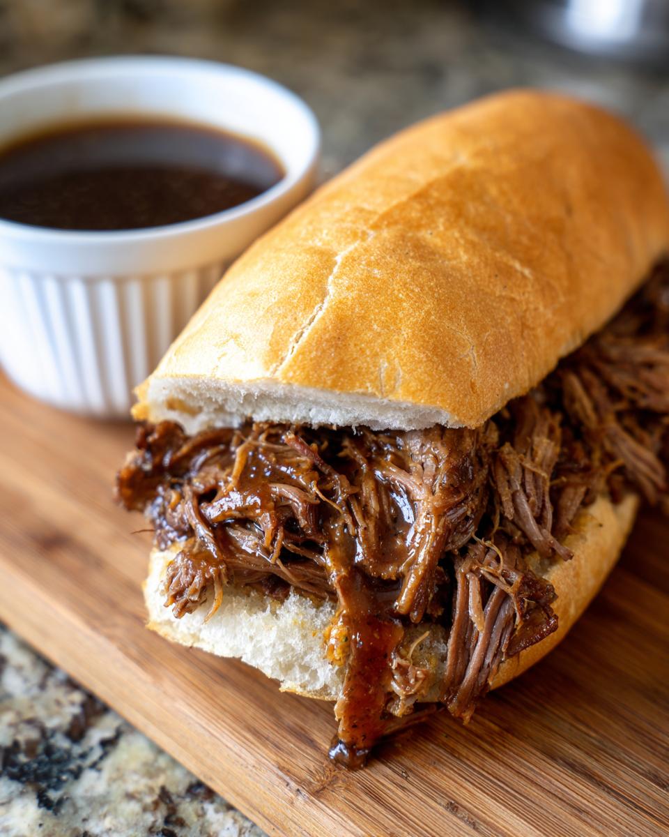 A delicious slow cooker French dip sandwich piled high with shredded beef and au jus on a wooden board.