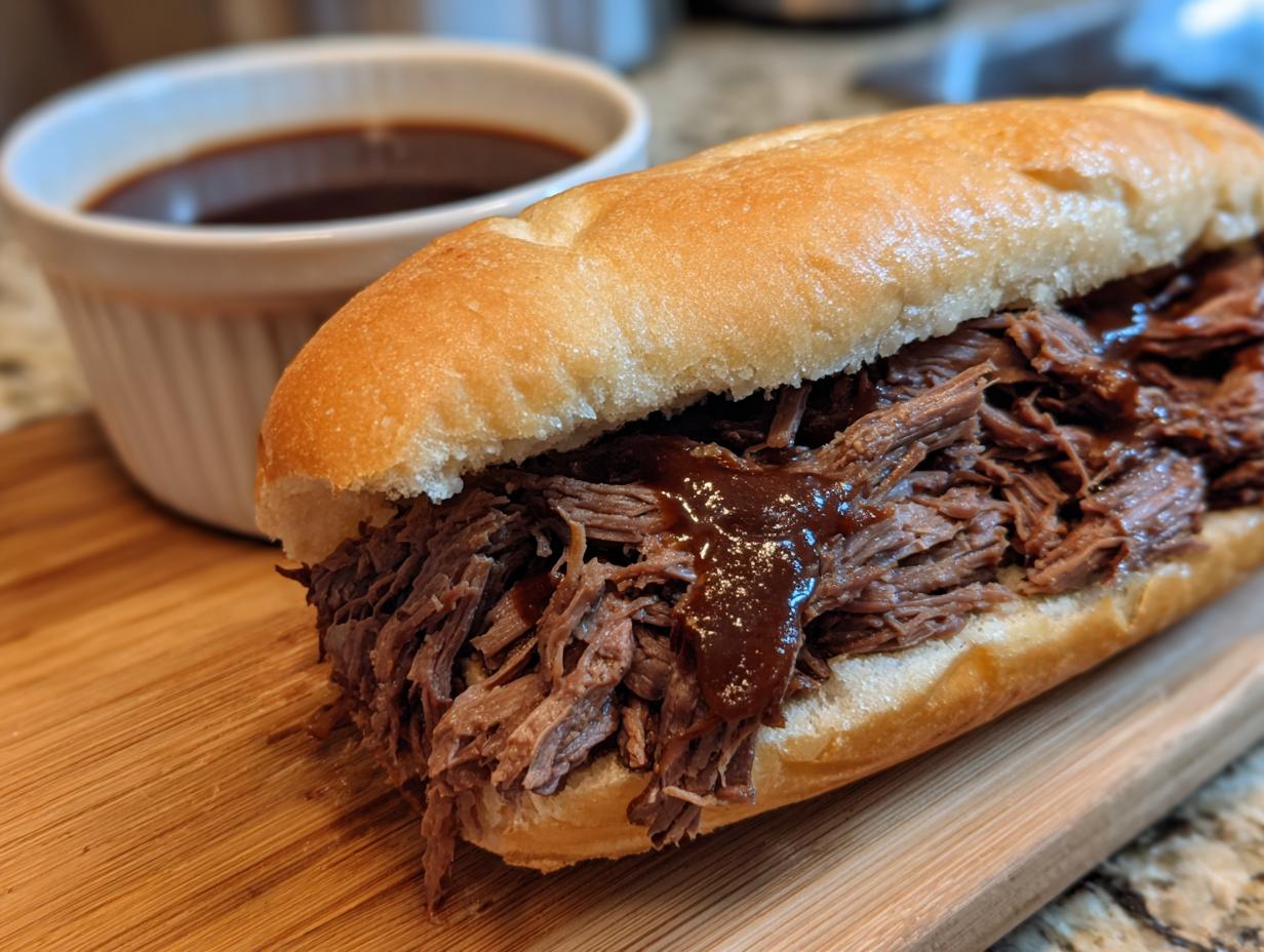 A delicious slow cooker French dip sandwich overflowing with tender shredded beef on a bun, with a side of au jus.