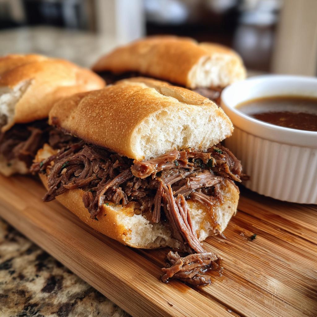 Three delicious slow cooker French dip sandwiches overflowing with shredded beef and a side of au jus.