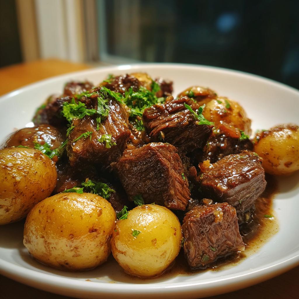 A close-up of tender Slow Cooker Garlic Butter Beef with Potatoes, garnished with fresh parsley.
