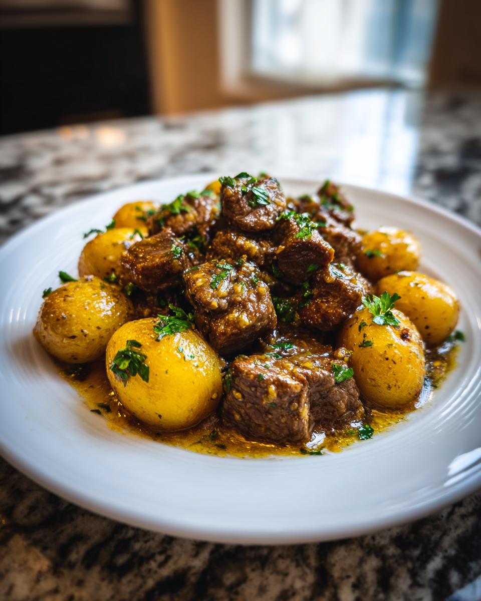 A close-up of Slow Cooker Garlic Butter Beef with Potatoes, garnished with fresh parsley.