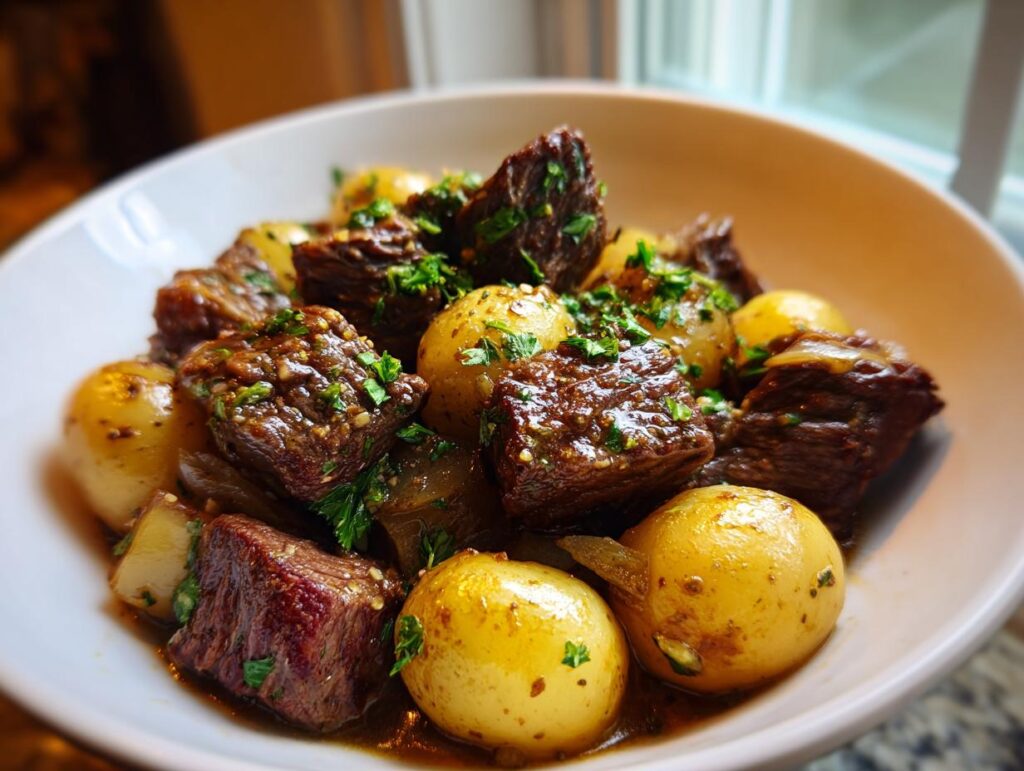 A bowl of tender Slow Cooker Garlic Butter Beef with Potatoes, garnished with fresh parsley.