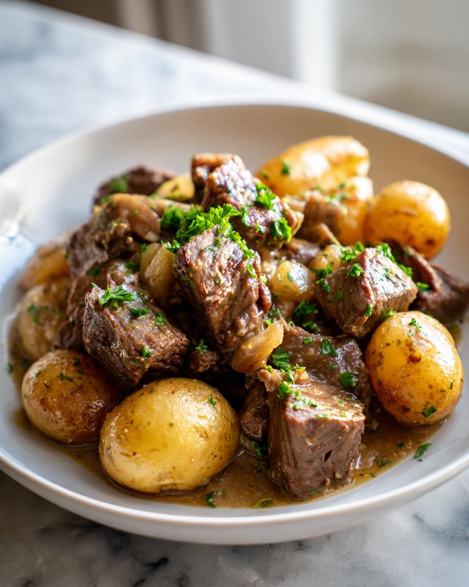 A bowl of tender Slow Cooker Garlic Butter Beef with Potatoes, garnished with fresh parsley.