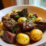 A bowl of tender Slow Cooker Garlic Butter Beef with Potatoes, garnished with fresh parsley.