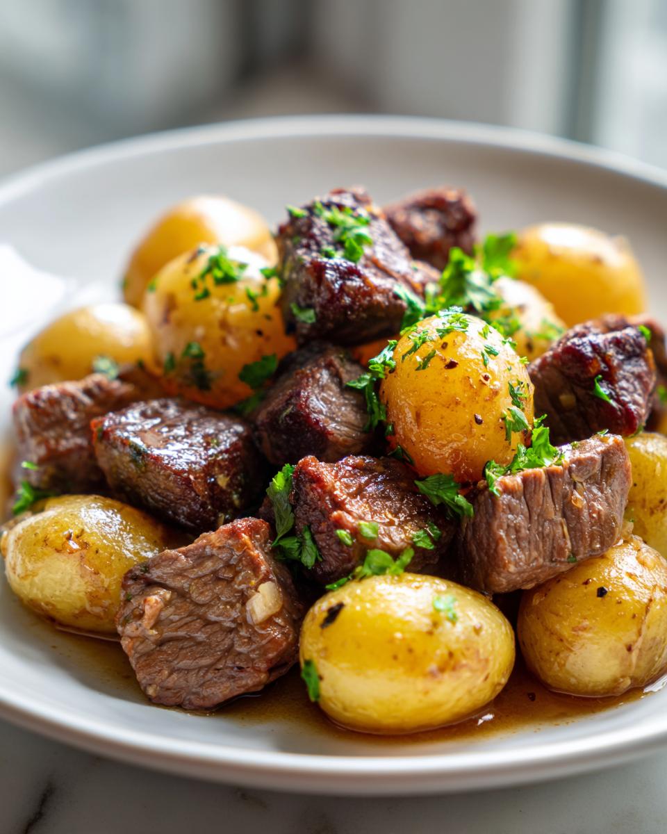 A close-up of tender chunks of Slow Cooker Garlic Butter Beef with Potatoes, garnished with fresh parsley.