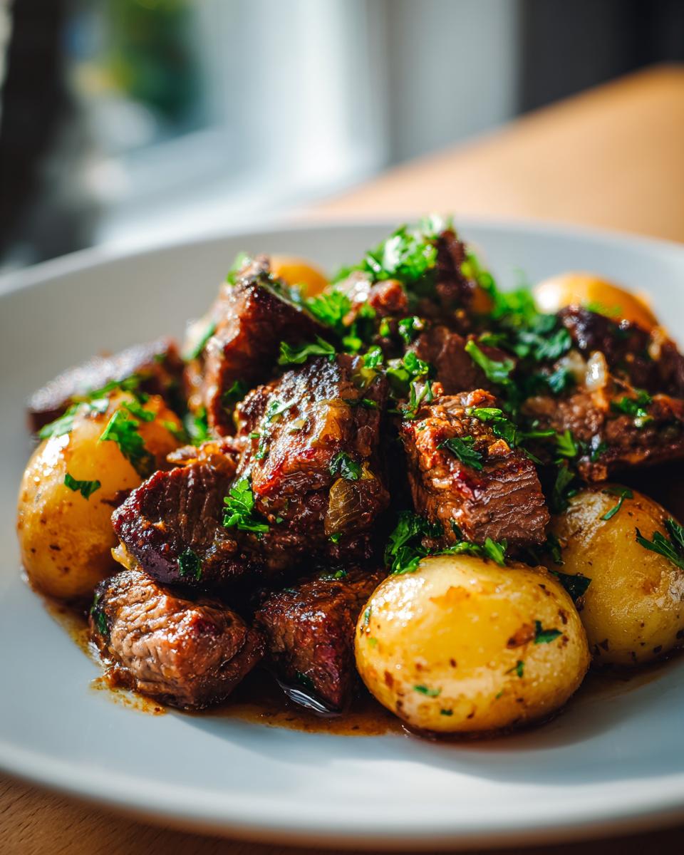 A close-up of tender Slow Cooker Garlic Butter Beef with Potatoes, garnished with fresh parsley.