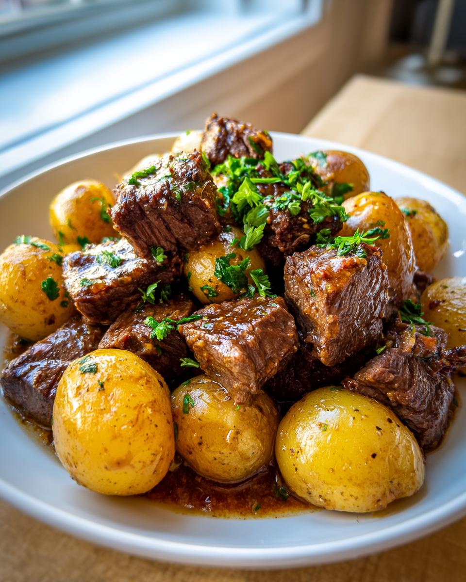 A bowl of tender Slow Cooker Garlic Butter Beef with Potatoes, garnished with fresh parsley.