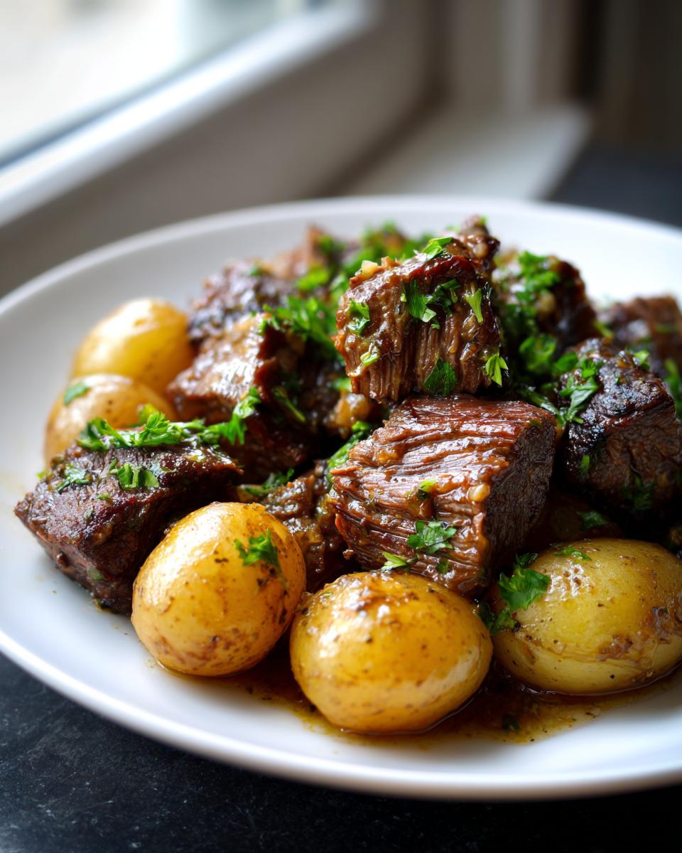 A close-up of tender Slow Cooker Garlic Butter Beef with Potatoes, garnished with fresh parsley.