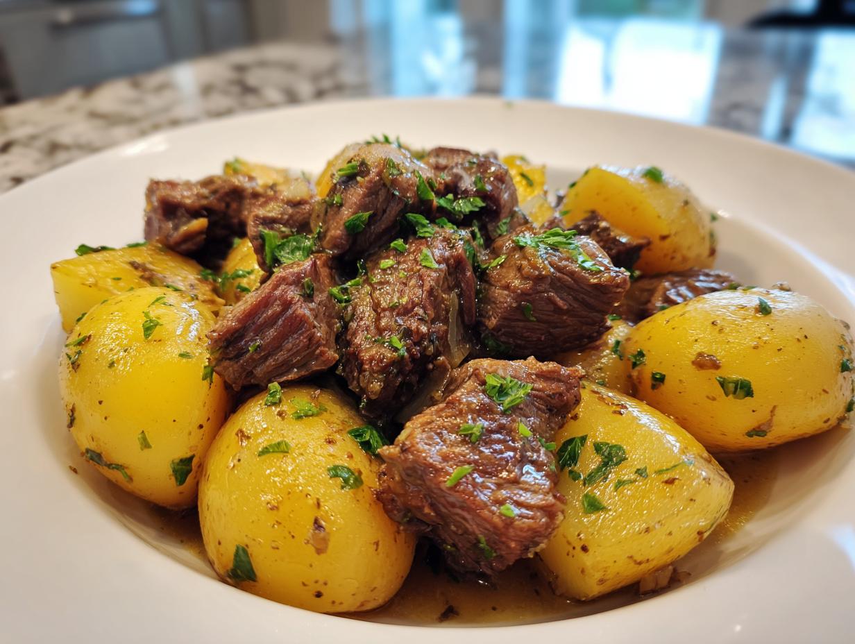 A white bowl filled with tender chunks of Slow Cooker Garlic Butter Beef with Potatoes, garnished with fresh parsley.