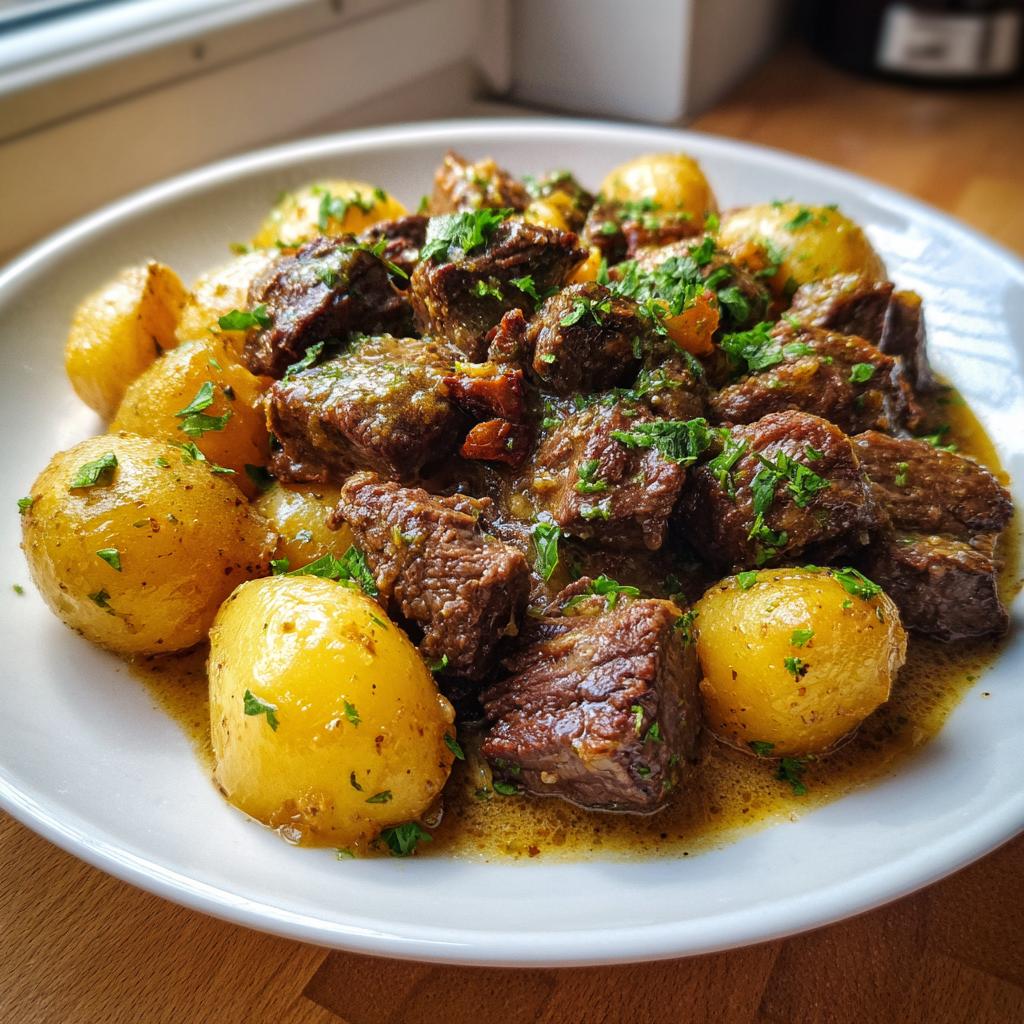 A plate of tender Slow Cooker Garlic Butter Beef with Potatoes, garnished with fresh parsley.