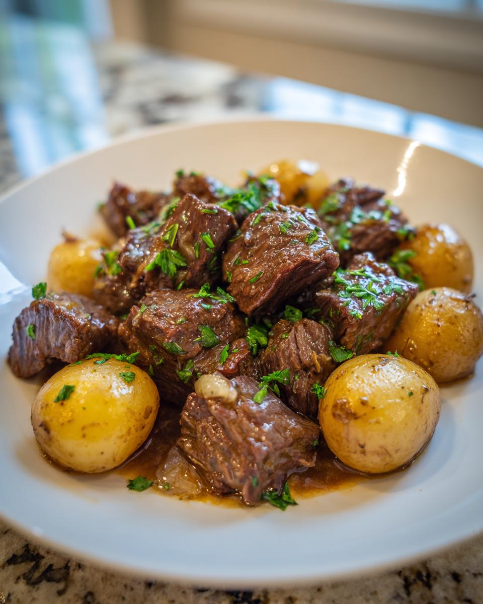 A white bowl filled with tender chunks of Slow Cooker Garlic Butter Beef with Potatoes, garnished with fresh parsley.