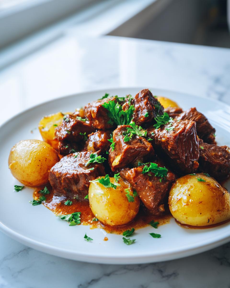 A plate of Slow Cooker Garlic Butter Beef with Potatoes, garnished with fresh parsley.