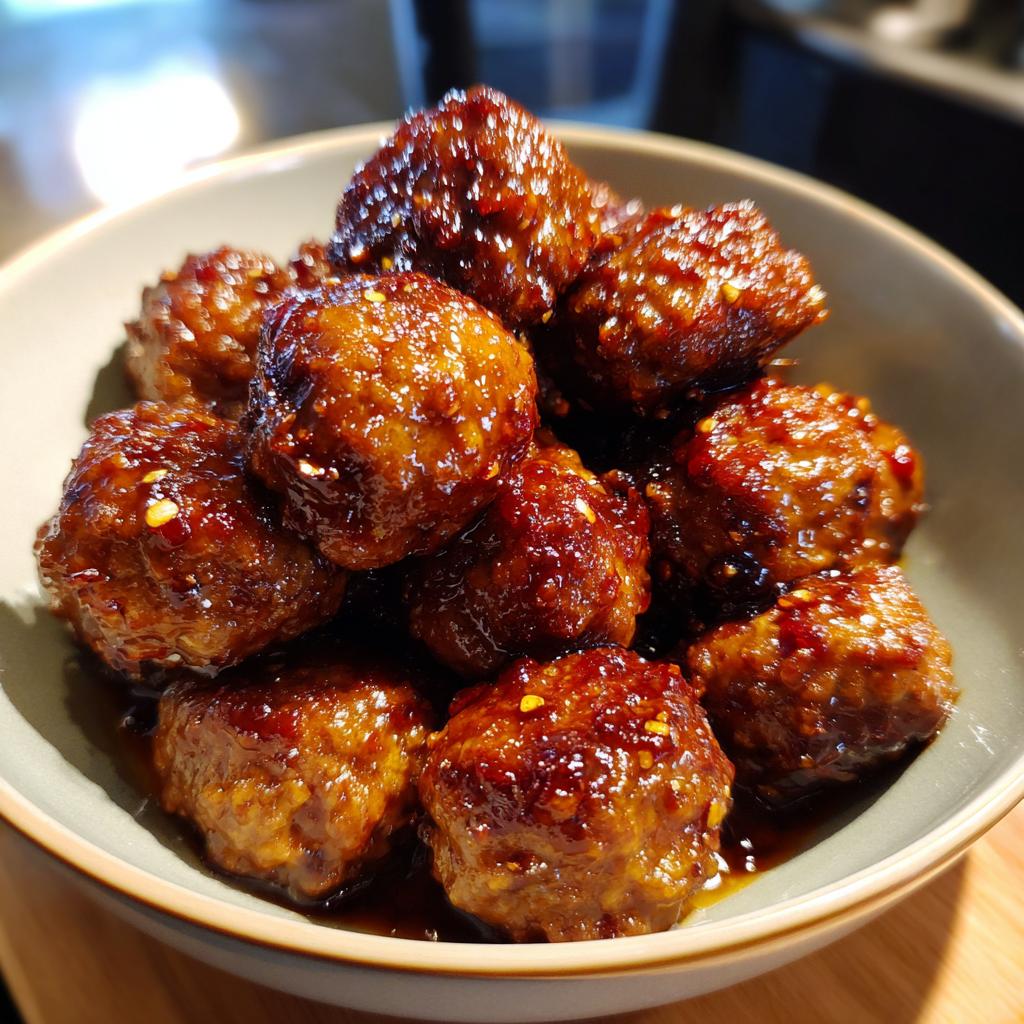 A bowl of glistening honey garlic meatballs, perfect for slow cooker recipes at party time.
