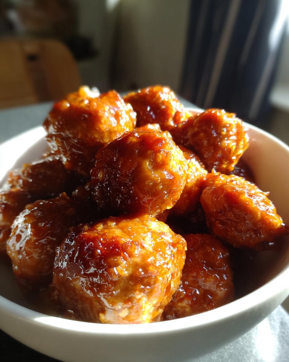 Close-up of a bowl filled with glossy honey garlic meatballs, perfect for slow cooker recipes at party time.