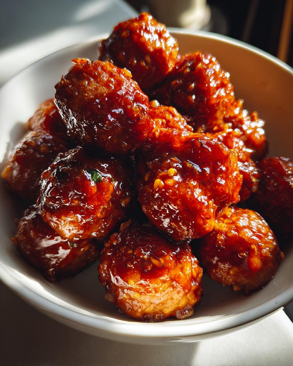 Close-up of glistening honey garlic meatballs in a white bowl, perfect for slow cooker recipes at party time.