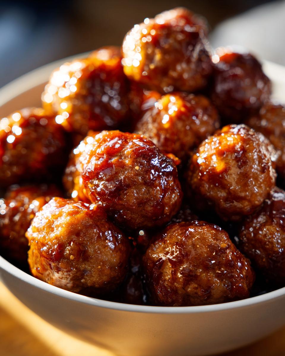 Close-up of a bowl filled with glistening honey garlic meatballs, perfect for slow cooker recipes at parties.