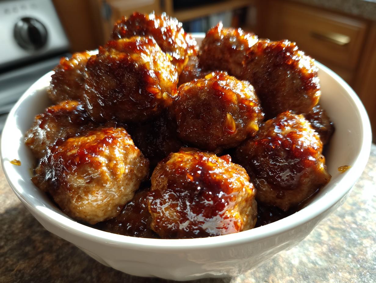 A white bowl filled with glistening honey garlic meatballs, perfect for slow cooker recipes at party time.