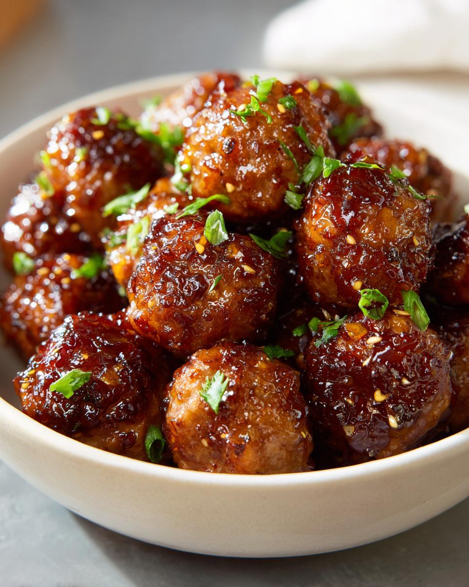 Close-up of delicious honey garlic meatballs in a bowl, garnished with green onions and sesame seeds.