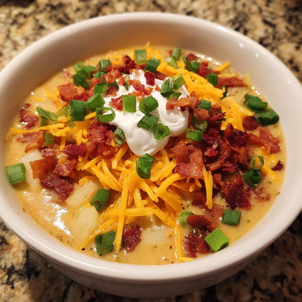 A bowl of creamy loaded baked potato soup topped with shredded cheese, bacon bits, sour cream, and green onions.