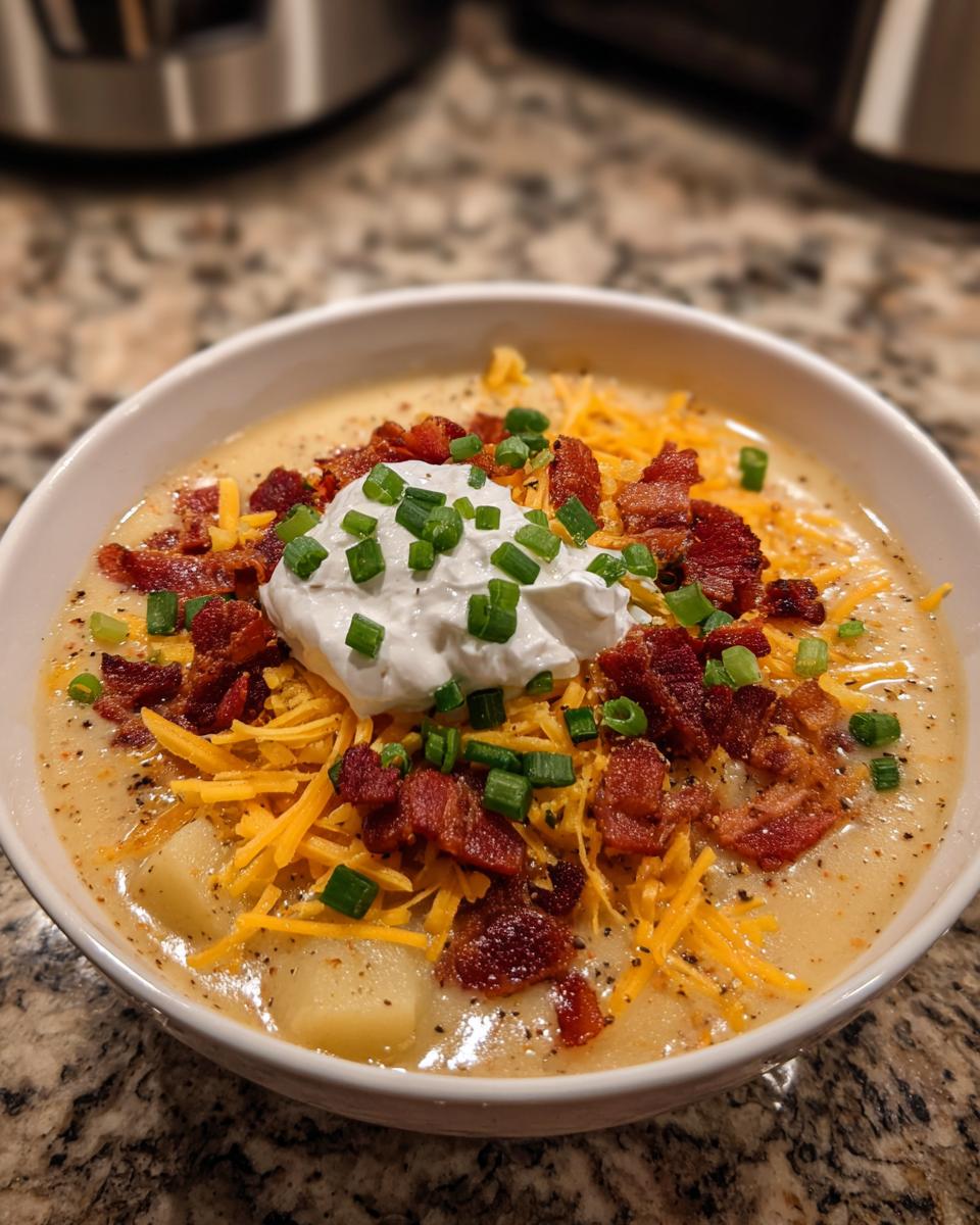 A bowl of loaded baked potato soup topped with sour cream, shredded cheese, bacon, and chives. Perfect for slow cooker recipes.