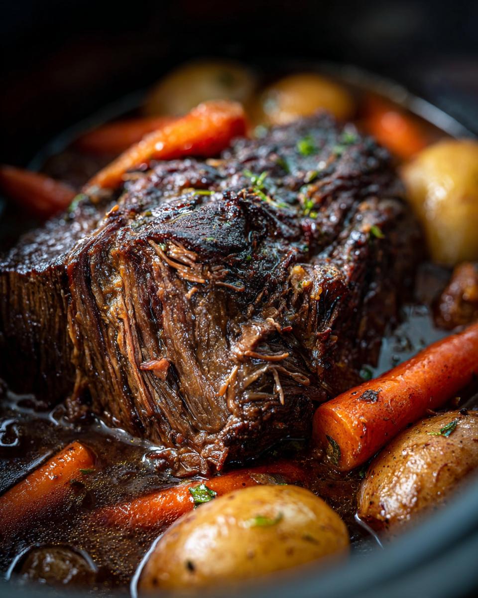 Close-up of a tender pot roast with carrots and potatoes in a slow cooker, perfect for Sunday comfort.