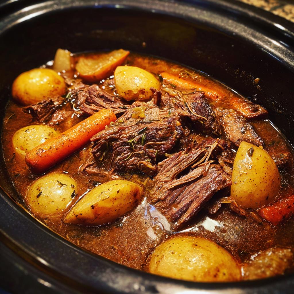 A close-up of a slow cooker pot roast with tender shredded beef, potatoes, and carrots in a rich gravy.