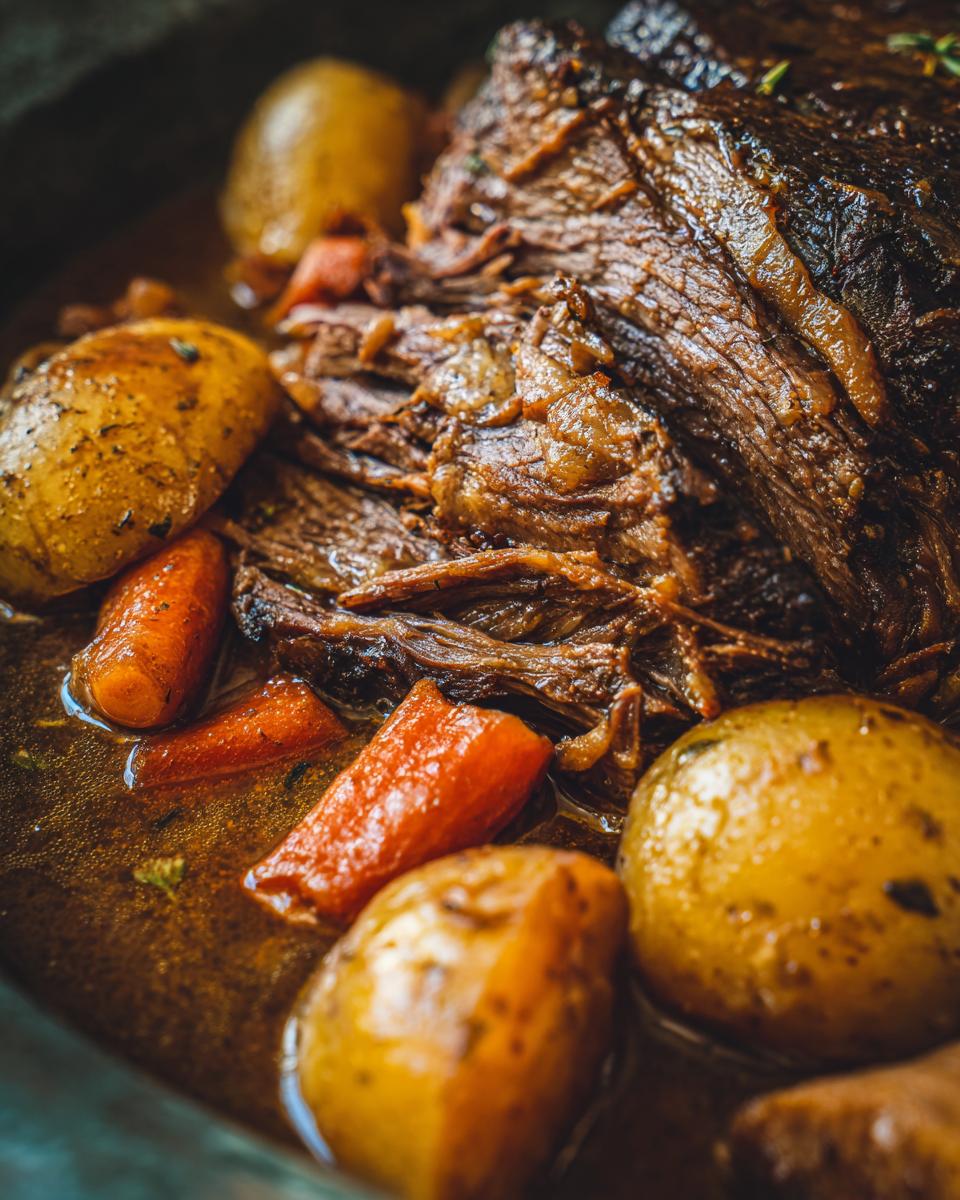 Close-up of a slow cooker pot roast with tender shredded beef, carrots, and potatoes in a rich gravy.