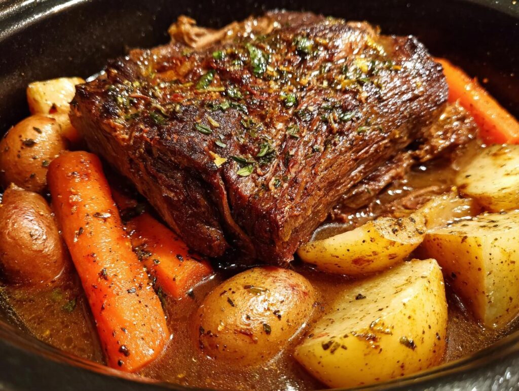A tender slow cooker pot roast with potatoes and carrots, seasoned with herbs, in a rich gravy.