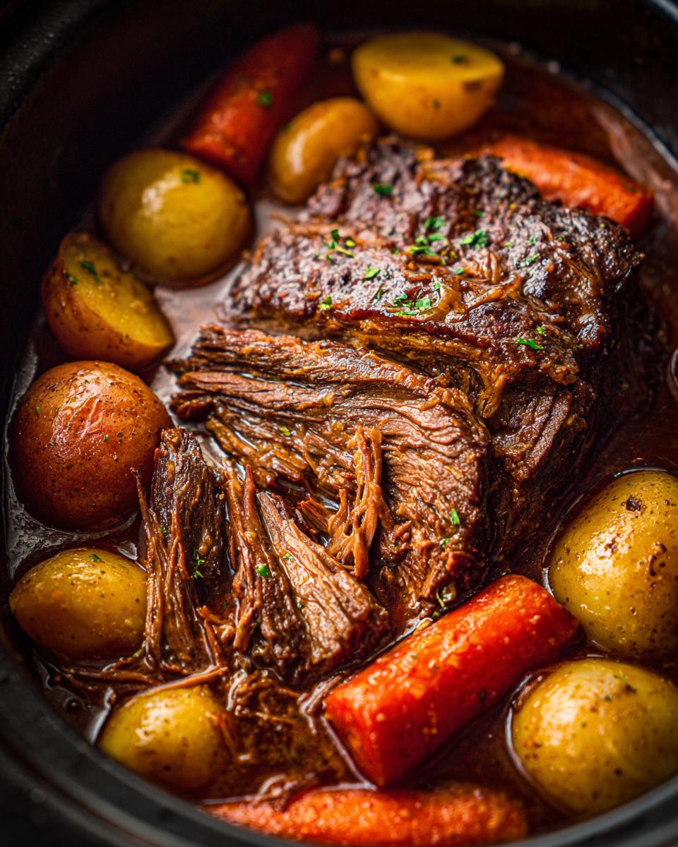Close-up of a tender slow cooker pot roast with potatoes and carrots in a rich gravy, part of Slow Cooker Recipes That Turn Pot Roast Into Sunday Comfort.