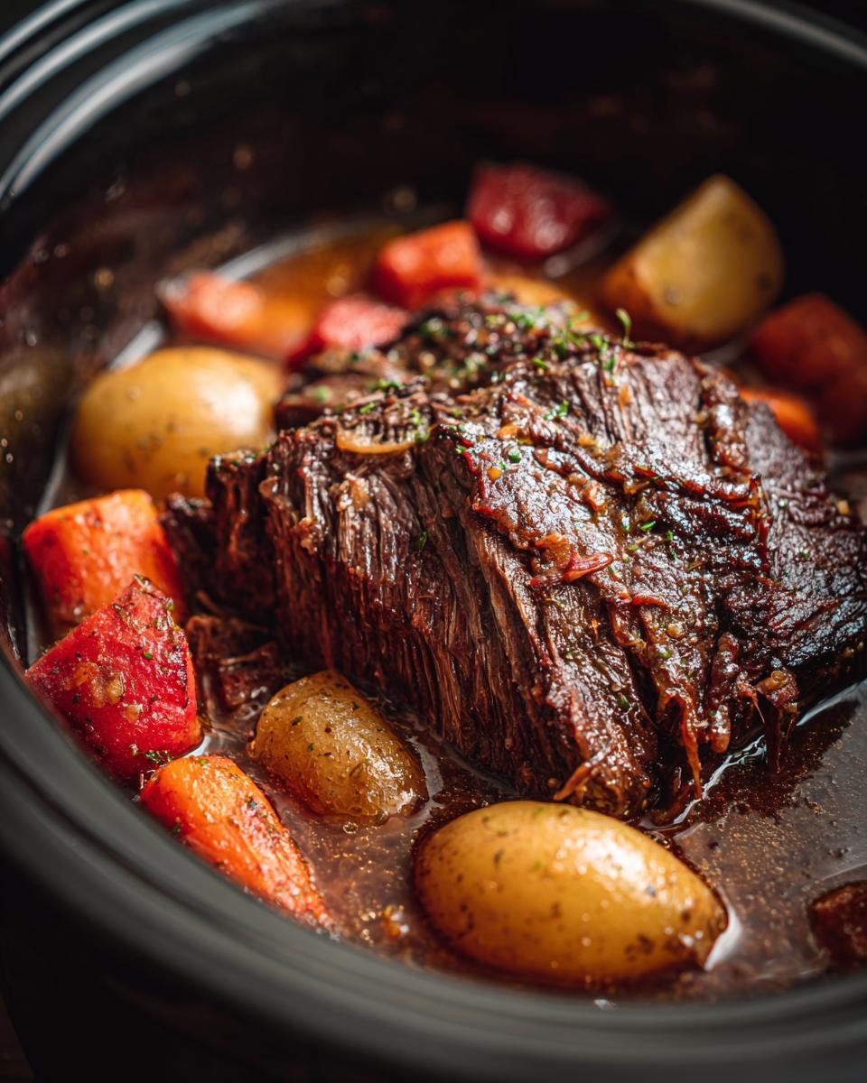 A tender pot roast cooked in a slow cooker with potatoes and carrots, part of Slow Cooker Recipes That Turn Pot Roast Into Sunday Comfort.