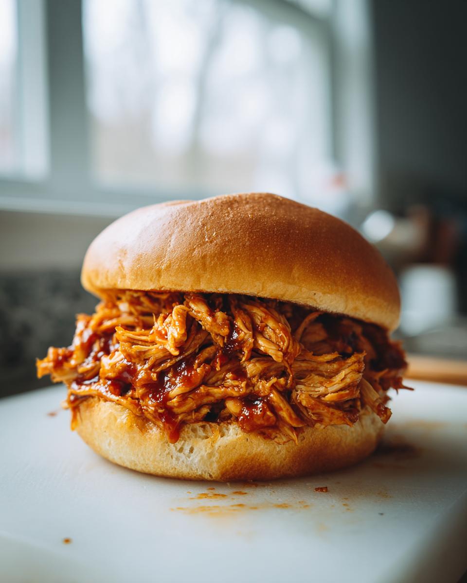 A delicious pulled BBQ chicken sandwich made with slow cooker recipes, drizzled with BBQ sauce.