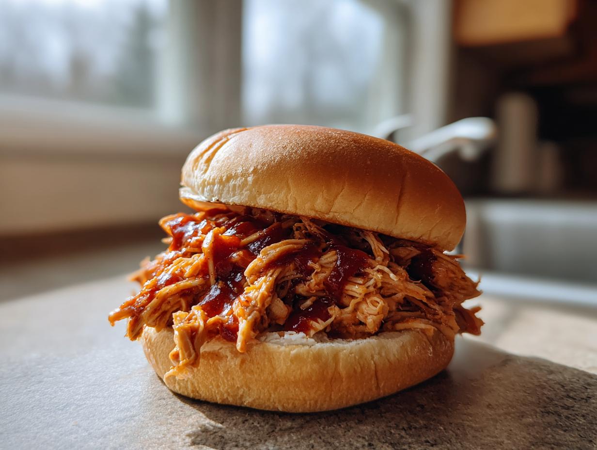 A delicious pulled BBQ chicken sandwich made with slow cooker recipes, piled high on a bun.