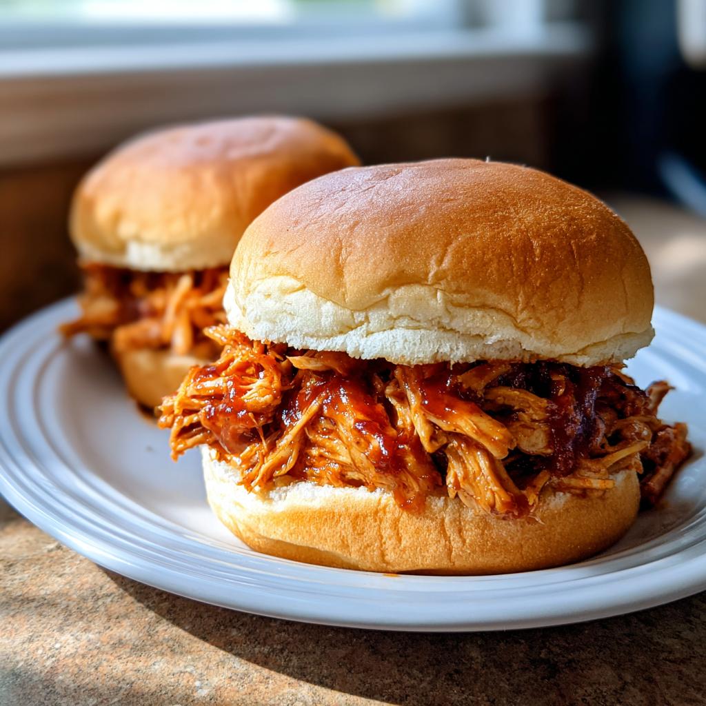 Two delicious pulled BBQ chicken sandwiches piled high on buns, perfect for slow cooker recipes.