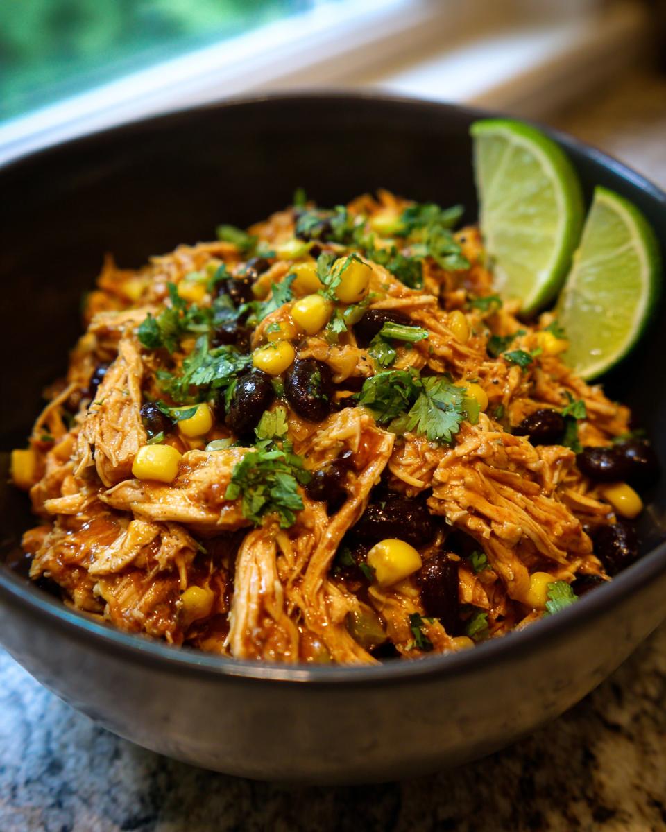 Close-up of shredded chicken in salsa verde with black beans and corn, garnished with cilantro and lime wedges for Slow Cooker Recipes for Salsa Verde Chicken Taco Bowls.
