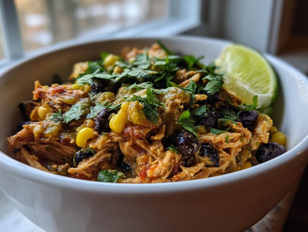 A close-up of a white bowl filled with shredded chicken, salsa verde, corn, black beans, and cilantro, topped with a lime wedge. Perfect for Slow Cooker Recipes for Salsa Verde Chicken Taco Bowls.