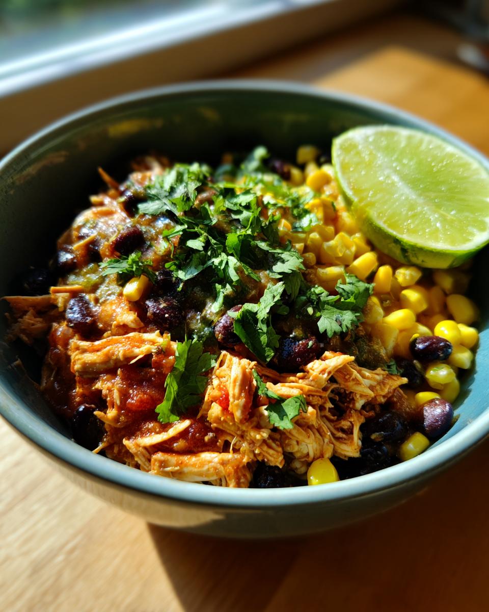 A close-up of a Salsa Verde Chicken Taco Bowl, featuring shredded chicken, black beans, corn, cilantro, and a lime wedge.