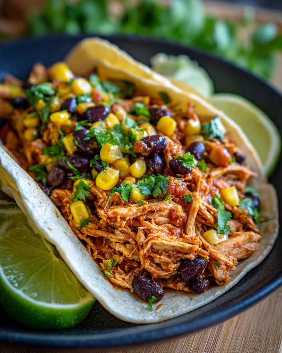 Close-up of shredded chicken with salsa verde, black beans, and corn in a taco, garnished with cilantro and lime.
